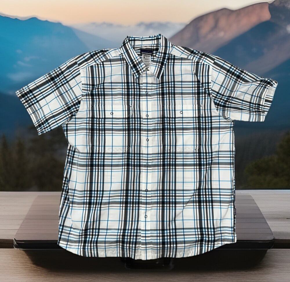 Patagonia Shirt ORGANIC COTTON Plaid *White & Gray* Men's Size XL